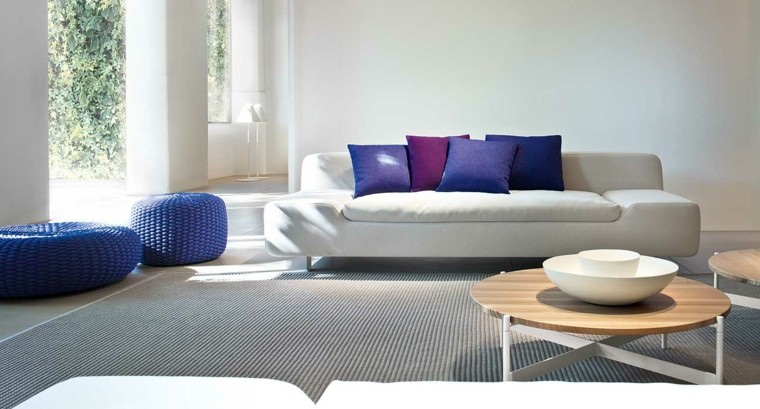 salones en blanco preciosos cojines purpura alfombra gris ideas