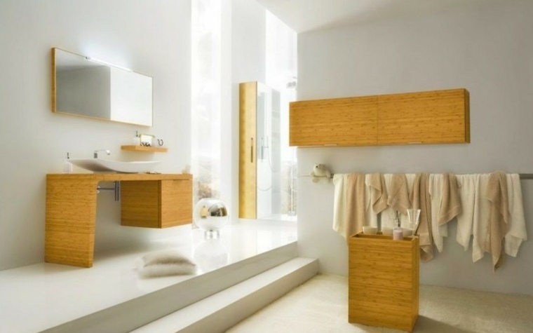 conjunto muebles baño madera amarilla