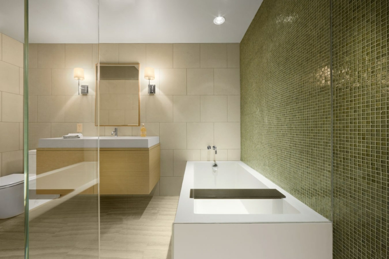 decoracion banos pared mosaico verde ideas