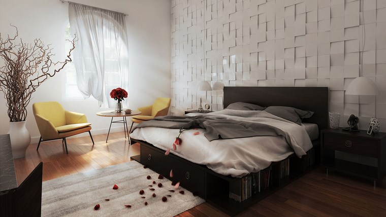 decoracion dormitorio moderno pared blanco sillones amarillos ideas