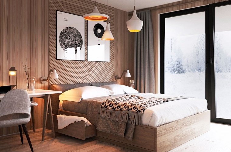 decoracion dormitorio modernos cama madera lamparas 