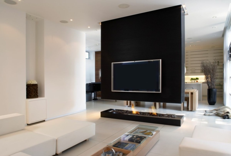 diseño chimenea muro negro tv 