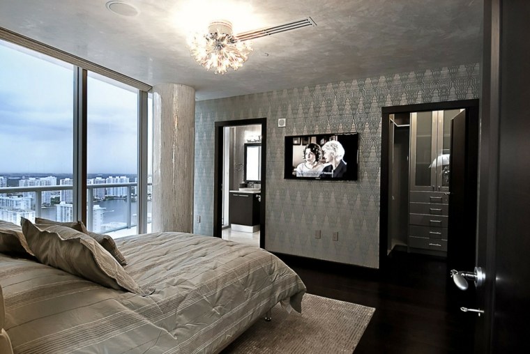 dormitorio diseno moderno papel pared color plata ideas