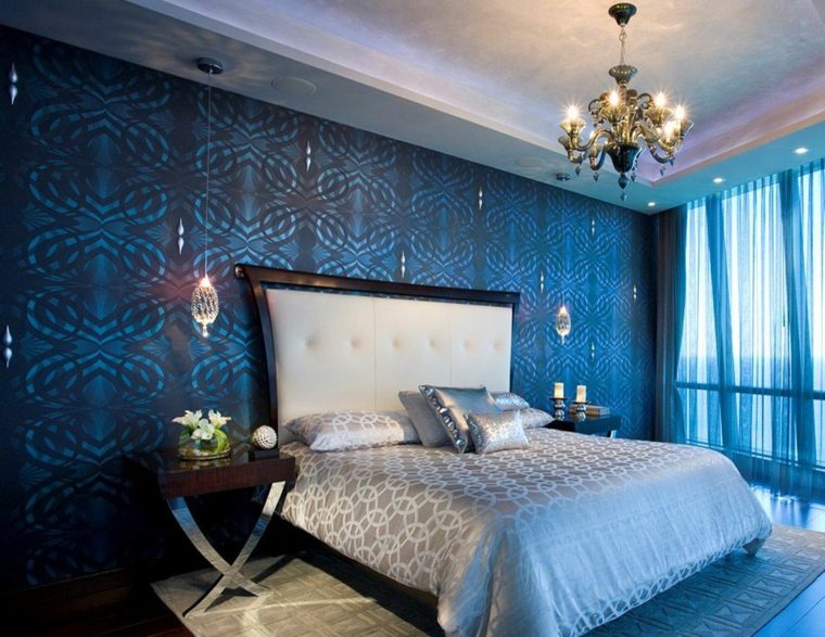 dormitorio diseno moderno pared cortinas azul ideas
