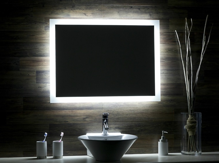 espejos baño pared madera iluminacion LED ideas