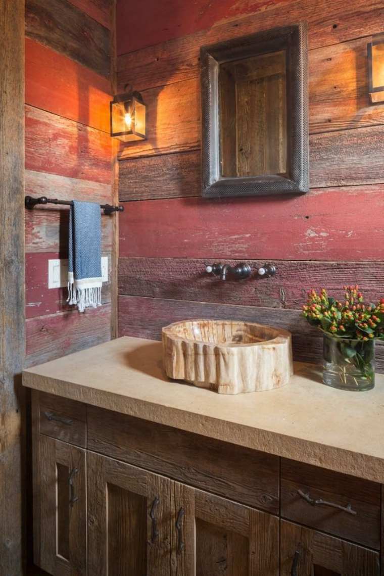 lavabos rusticos banos pared madera roja ideas