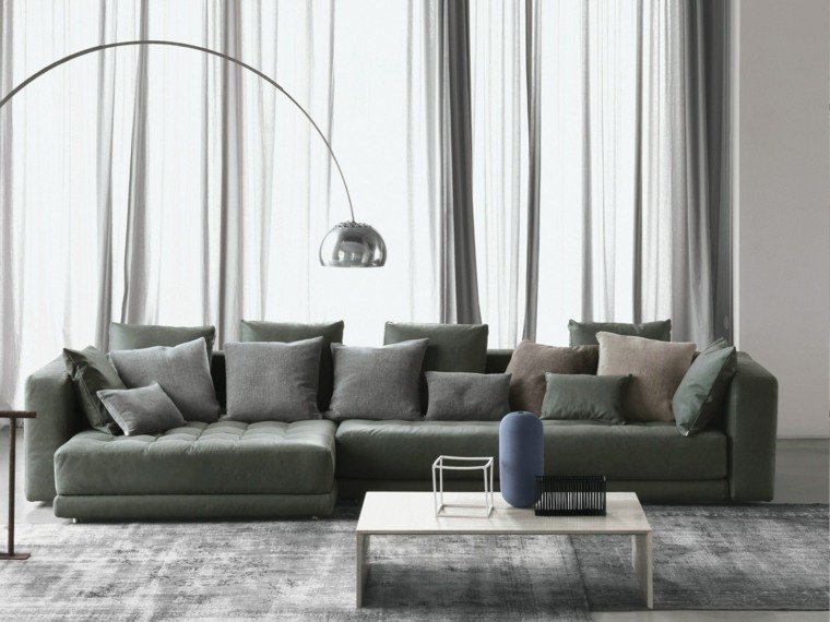 muebles diseño salon mesa blanca cortinas grices ideas