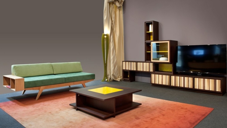 muebles diseño salon mesa madera alfombra naranja ideas