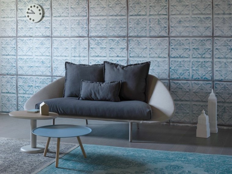 muebles diseño salon sofa mesas alfombra azul ideas