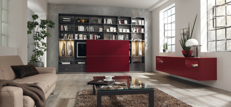 muebles rojos esconden televisor salon ideas