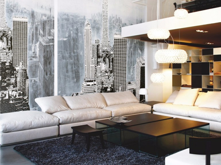 papel de pared salon muebles blanco negro ideas