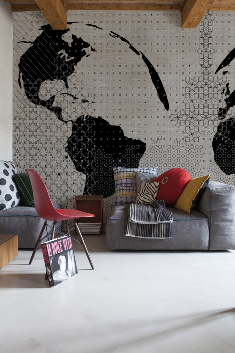 papel salon pared sofa gris confortable ideas