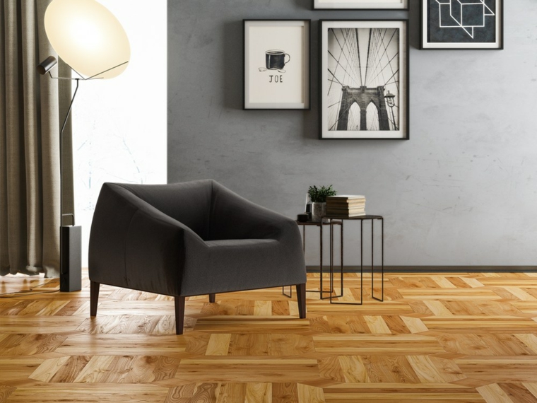 parquet suelo sillon negro lampara ideas