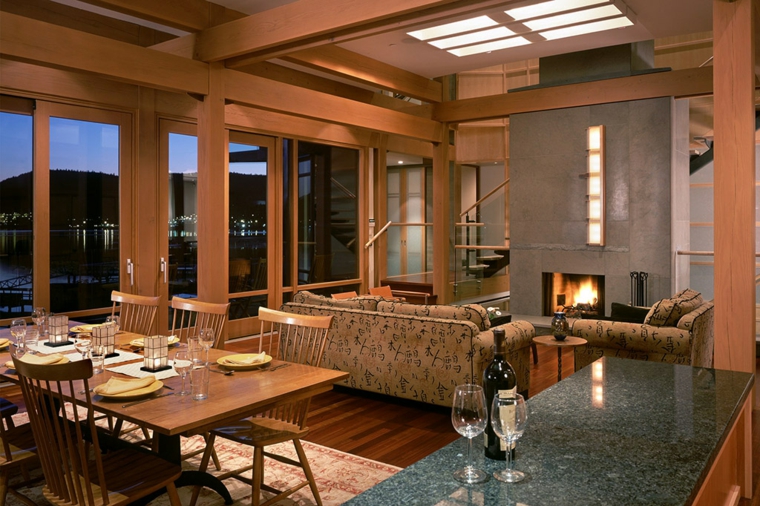 salon decoracion moderna chimenea abierto comedor ideas