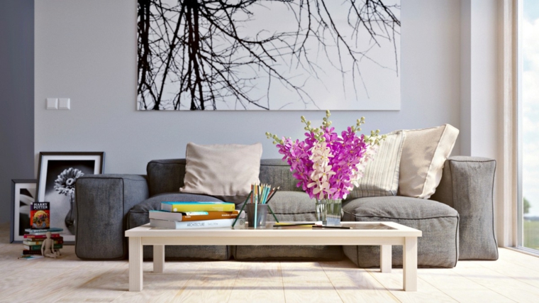 salones decoracion moderna mesita cafe madera flores ideas