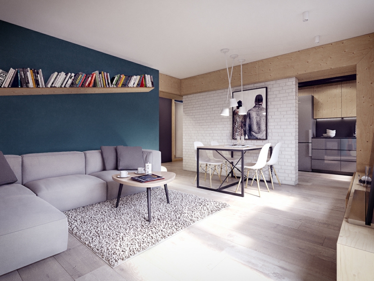 salones decoracion moderna pared azul muebles grices ideas