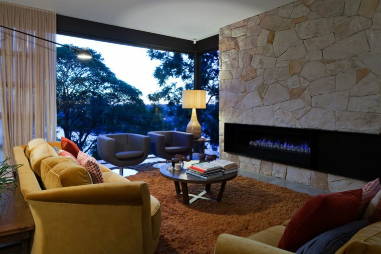 salones decoracion moderna pared piedra chimenea ideas