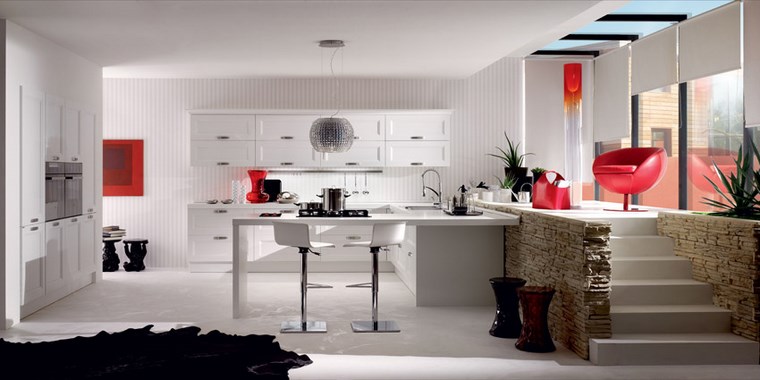 cocina moderna blanca escaleras habitacion niveles ideas
