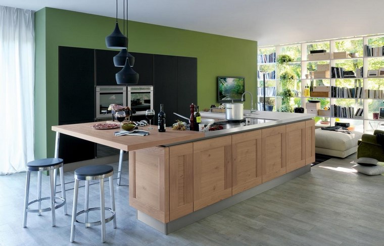 cocina moderna pared verde armarios negros ideas