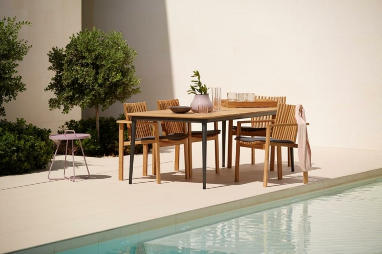 comida cena exterior muebles madera piscina plantas ideas