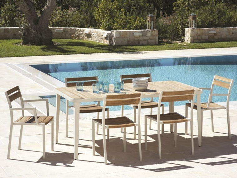comida cena exterior muebles madera piscina ideas