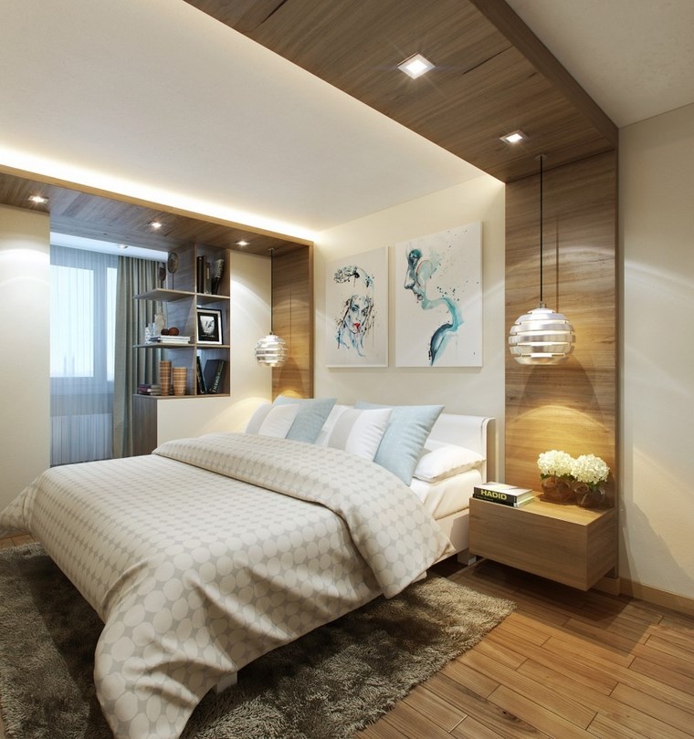 cuadros pared dormitorio moderno mesitas noche madera ideas