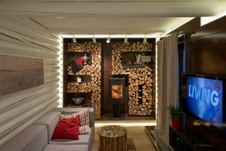 decorar paredes salon chimenea opciones madera ideas