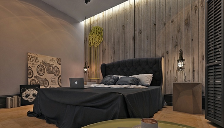 dormitorio moderno cama negra pared madera ideas