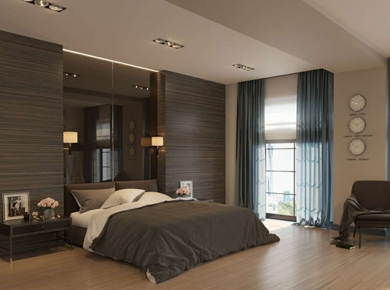 dormitorio moderno cortinas azules relojes pared ideas