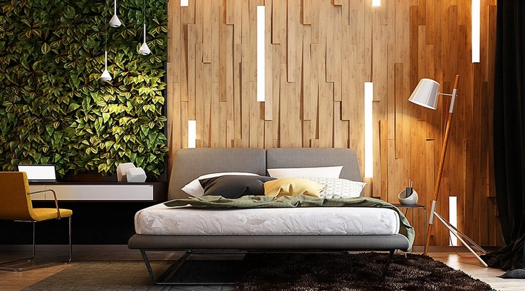 dormitorio moderno jardin vertical pared madera ideas