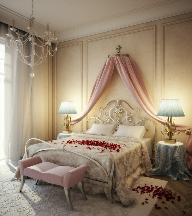 dormitorio romantico petalos rosa color claros ideas paredes madera