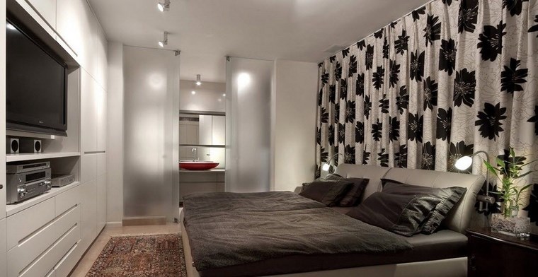 dormitorios con vestidor y baño cortina blanco negro ideas