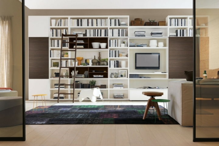Muebles TV integrados con biblioteca - 75 ideas modernas