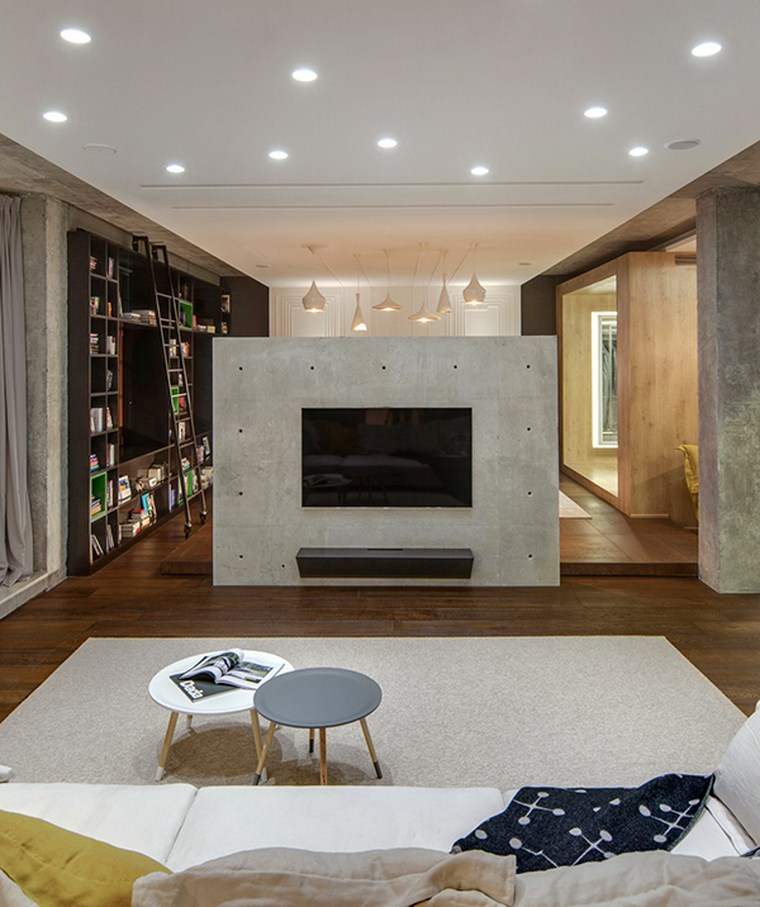 salón con pared separadora de hormigón hormigon armado opciones pared separadora ideas