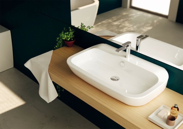 lavabo moderno blancos madera espejo bano ideas