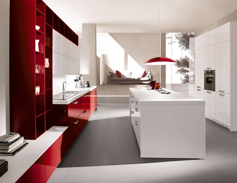 muebles rojo blanco isla cocina moderna amplia ideas