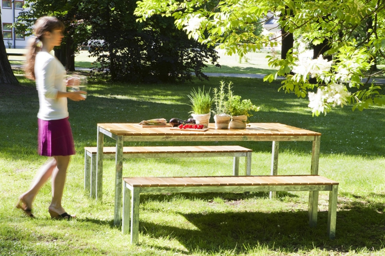 opciones muebles jardin cesped mesa bancos ideas