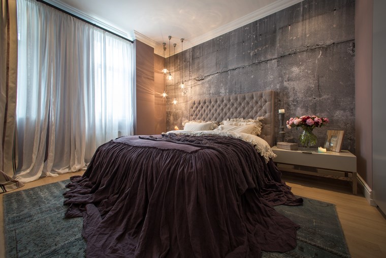 dormitorio con diseño elegante y pared de hormigón pared hormigon expuesto cama grande ideas