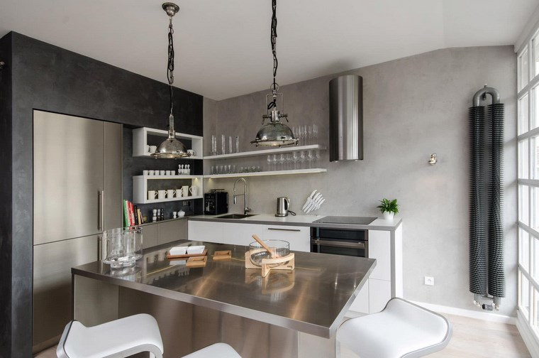 isla de acero y pared de hormigón en la cocina pared hormigon expuesto diseno estilo industrial ideas
