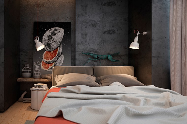 dormitorio con diseño industrial pared hormigon expuesto dormitorio pequeno oscuro ideas