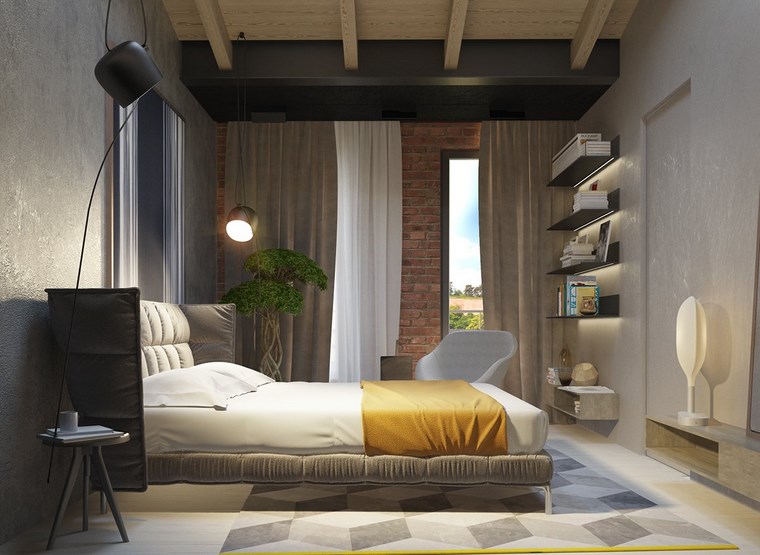 combinación de hormigón y ladrillo para las paredes pared hormigon expuesto dormitorio techo alto ideas