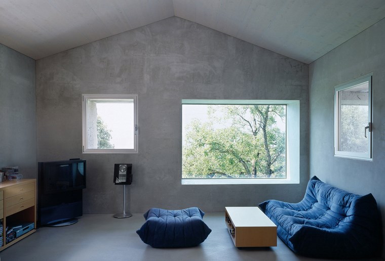 salón con muebles de diseño y pared de hormigón pared hormigon expuesto espacio libre ideas