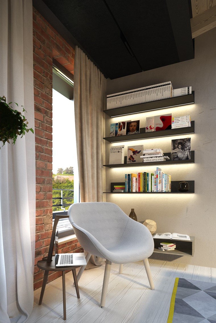 estates de acero y pared de hormigón pared hormigon expuesto estantes iluminados LED ideas