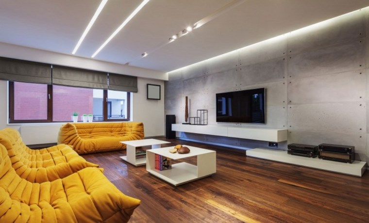 sofas amarillas pared hormigon expuesto sillones color amarillos ideas