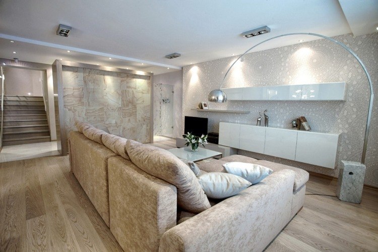 salon moderno pared color crema sofa comoda ideas