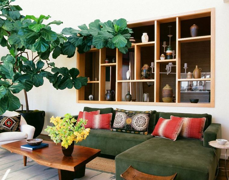 sofa terciopelo verde deco plantas