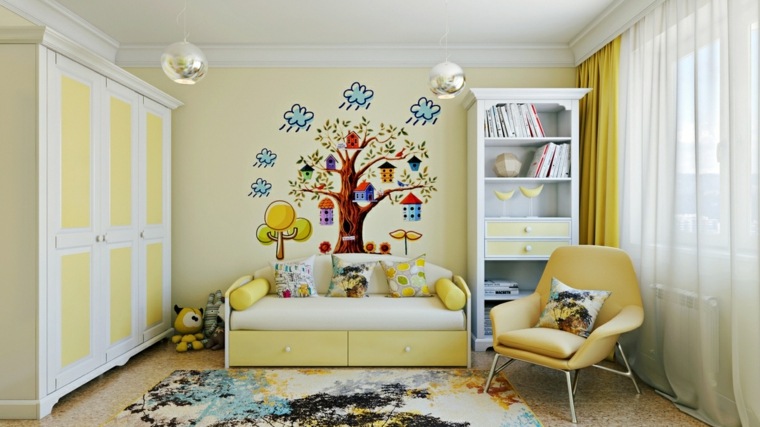 arbol pared muebles amarillos cama alfombra preciosa ideas