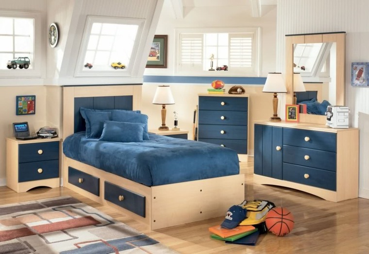 camas infantilies dormitorio chico madera azul muebles ideas