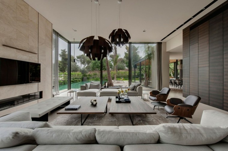 casa moderna salon amplio sofa gris chimenea ideas