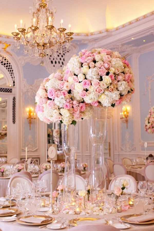 centros mesa bodas altos rosas ideas